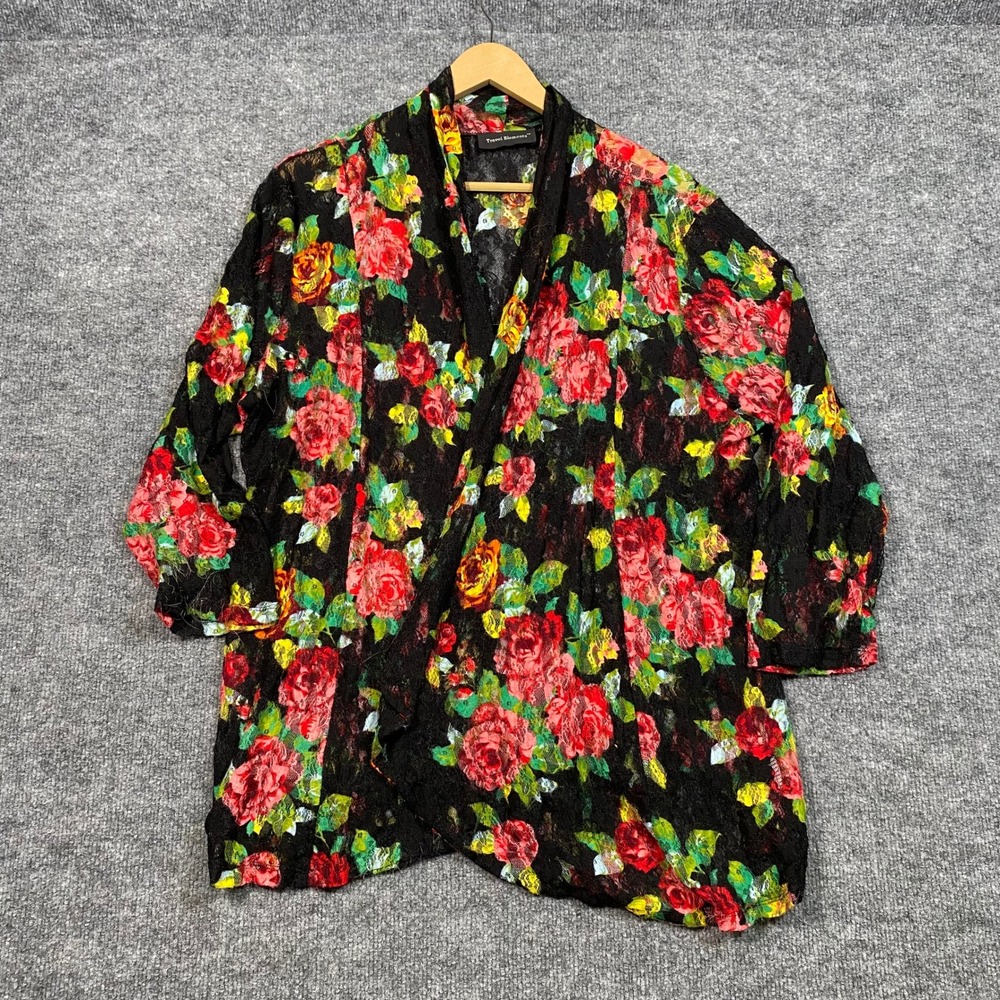 Travel Elements Womens XL Floral Lace Mesh Open Front Cardigan Black Red SM9748